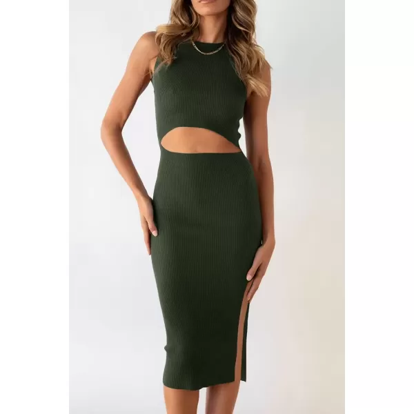 imagePRETTYGARDEN Womens Summer Midi Bodycon Dresses Casual Crew Neck Side Slit Sleeveless Knit Cut Out Tank Top DressArmy Green