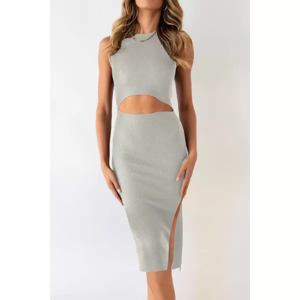 imagePRETTYGARDEN Womens Summer Midi Bodycon Dresses Casual Crew Neck Side Slit Sleeveless Knit Cut Out Tank Top DressBean Green