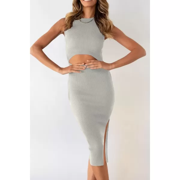 imagePRETTYGARDEN Womens Summer Midi Bodycon Dresses Casual Crew Neck Side Slit Sleeveless Knit Cut Out Tank Top DressBean Green