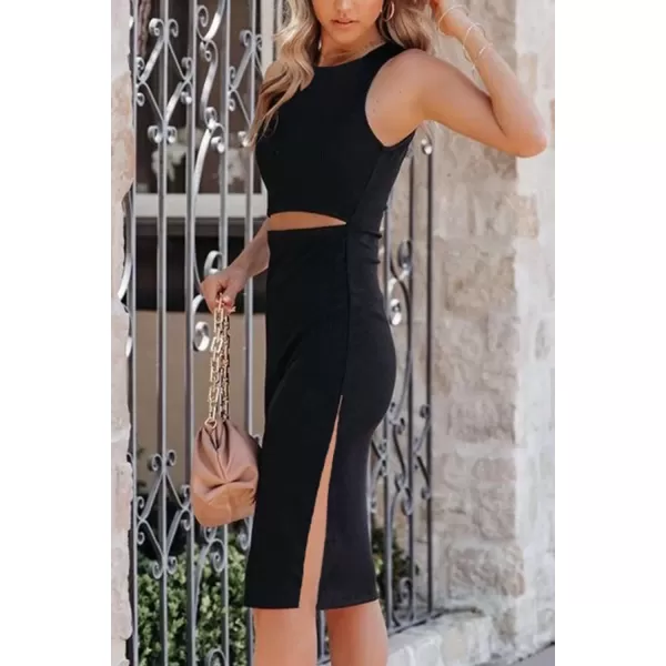 imagePRETTYGARDEN Womens Summer Midi Bodycon Dresses Casual Crew Neck Side Slit Sleeveless Knit Cut Out Tank Top DressBlack
