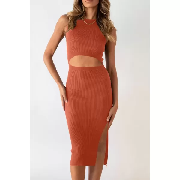 imagePRETTYGARDEN Womens Summer Midi Bodycon Dresses Casual Crew Neck Side Slit Sleeveless Knit Cut Out Tank Top DressBrick Red