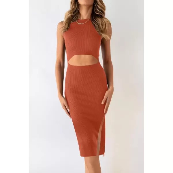 imagePRETTYGARDEN Womens Summer Midi Bodycon Dresses Casual Crew Neck Side Slit Sleeveless Knit Cut Out Tank Top DressBrick Red