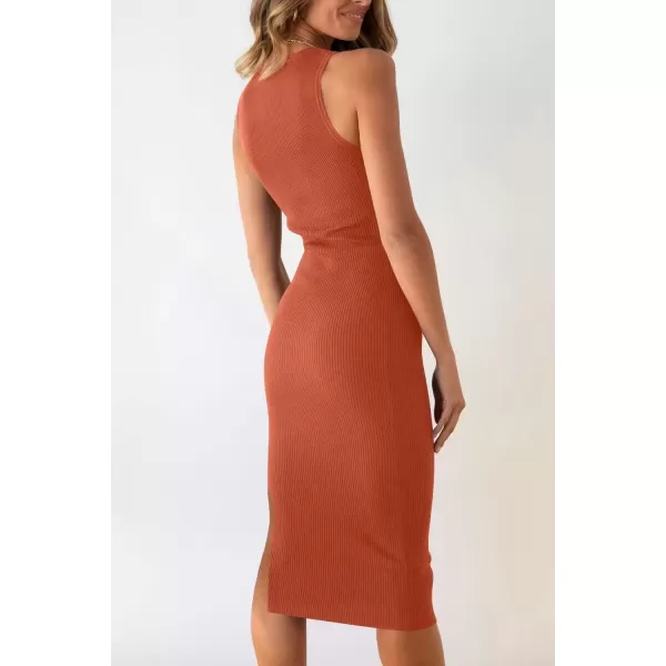 imagePRETTYGARDEN Womens Summer Midi Bodycon Dresses Casual Crew Neck Side Slit Sleeveless Knit Cut Out Tank Top DressBrick Red