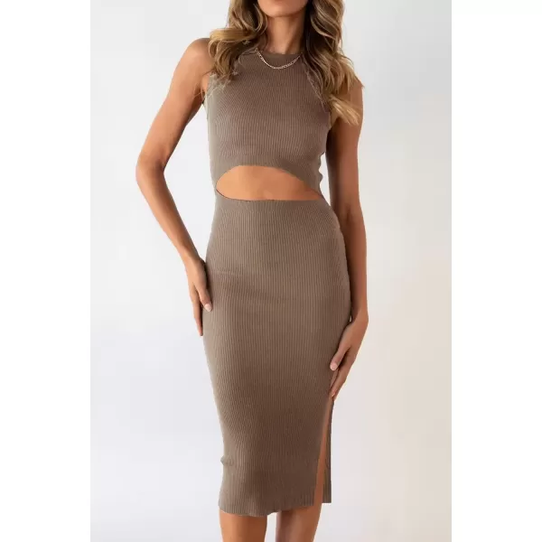 imagePRETTYGARDEN Womens Summer Midi Bodycon Dresses Casual Crew Neck Side Slit Sleeveless Knit Cut Out Tank Top DressCamel