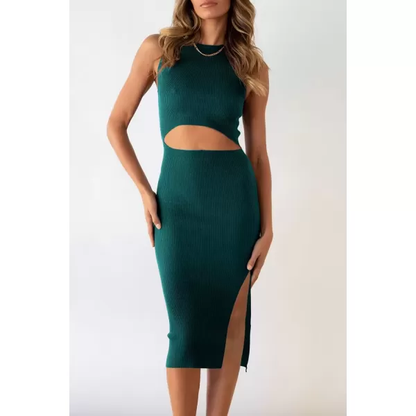 imagePRETTYGARDEN Womens Summer Midi Bodycon Dresses Casual Crew Neck Side Slit Sleeveless Knit Cut Out Tank Top DressDark Green