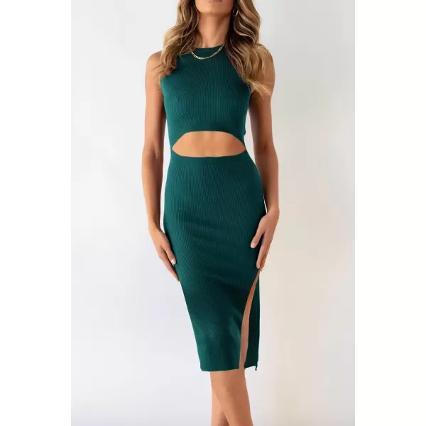 imagePRETTYGARDEN Womens Summer Midi Bodycon Dresses Casual Crew Neck Side Slit Sleeveless Knit Cut Out Tank Top DressDark Green