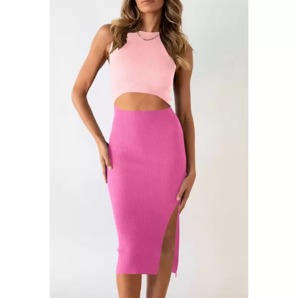 imagePRETTYGARDEN Womens Summer Midi Bodycon Dresses Casual Crew Neck Side Slit Sleeveless Knit Cut Out Tank Top DressLight Pinkrose Pink