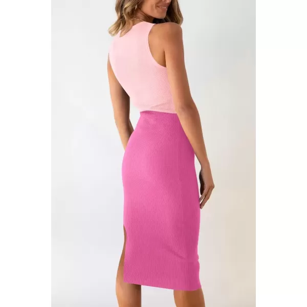 imagePRETTYGARDEN Womens Summer Midi Bodycon Dresses Casual Crew Neck Side Slit Sleeveless Knit Cut Out Tank Top DressLight Pinkrose Pink