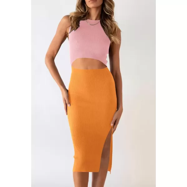 imagePRETTYGARDEN Womens Summer Midi Bodycon Dresses Casual Crew Neck Side Slit Sleeveless Knit Cut Out Tank Top DressLight Pinkyellow