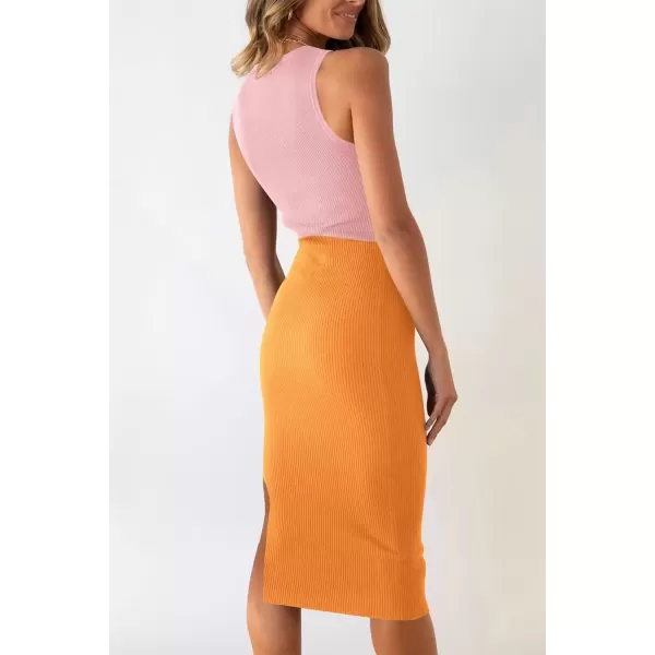 imagePRETTYGARDEN Womens Summer Midi Bodycon Dresses Casual Crew Neck Side Slit Sleeveless Knit Cut Out Tank Top DressLight Pinkyellow