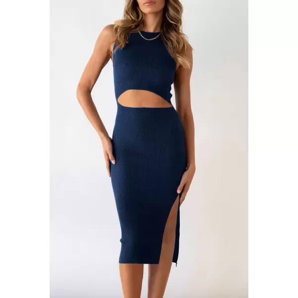 imagePRETTYGARDEN Womens Summer Midi Bodycon Dresses Casual Crew Neck Side Slit Sleeveless Knit Cut Out Tank Top DressNavy