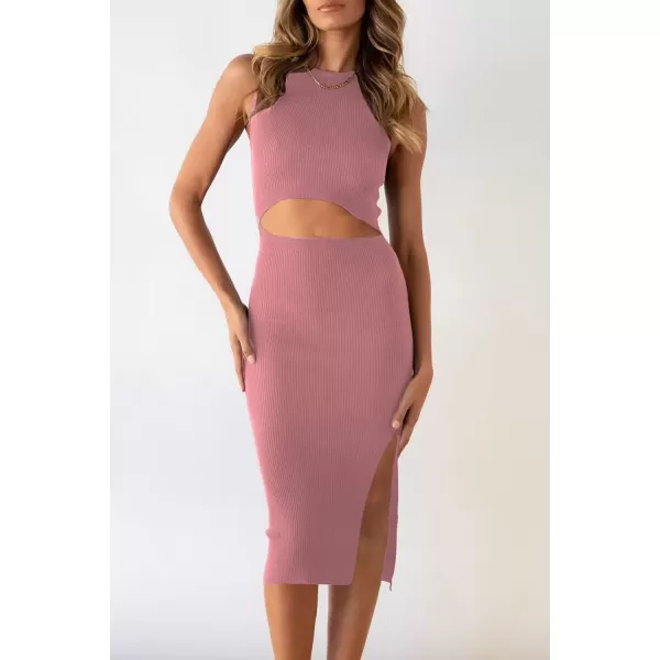 imagePRETTYGARDEN Womens Summer Midi Bodycon Dresses Casual Crew Neck Side Slit Sleeveless Knit Cut Out Tank Top DressPink