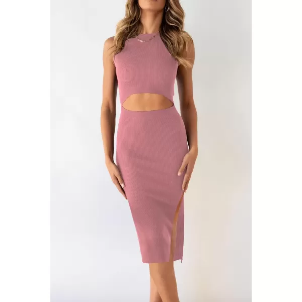 imagePRETTYGARDEN Womens Summer Midi Bodycon Dresses Casual Crew Neck Side Slit Sleeveless Knit Cut Out Tank Top DressPink