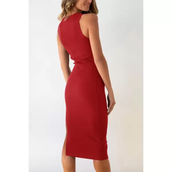 imagePRETTYGARDEN Womens Summer Midi Bodycon Dresses Casual Crew Neck Side Slit Sleeveless Knit Cut Out Tank Top DressRed