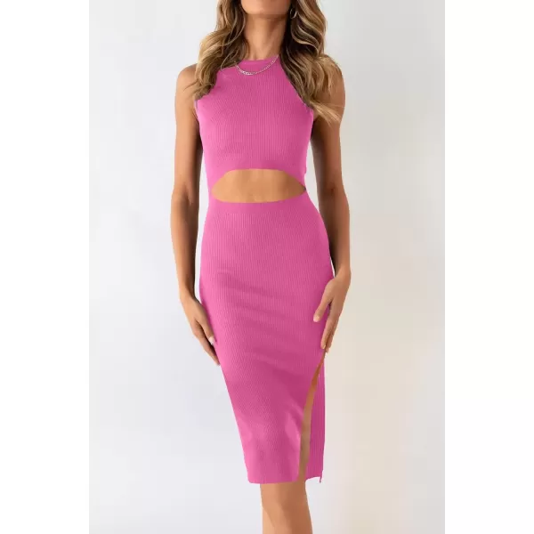 imagePRETTYGARDEN Womens Summer Midi Bodycon Dresses Casual Crew Neck Side Slit Sleeveless Knit Cut Out Tank Top DressRose Pink