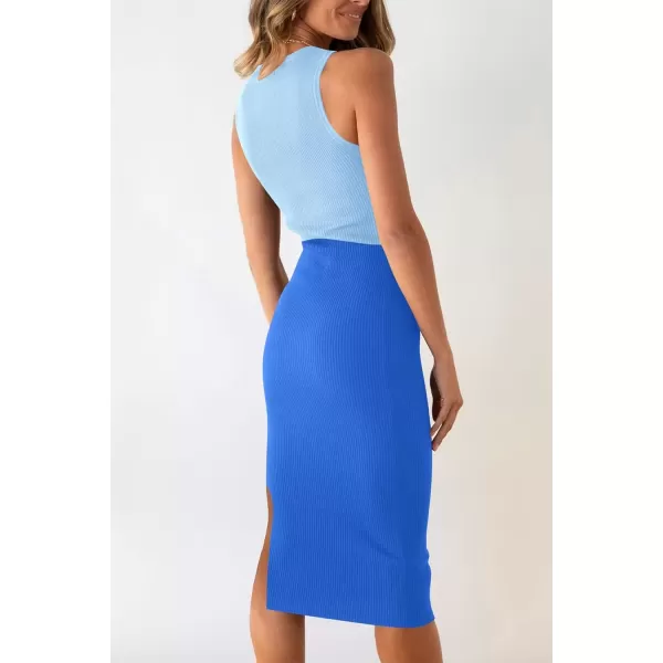 imagePRETTYGARDEN Womens Summer Midi Bodycon Dresses Casual Crew Neck Side Slit Sleeveless Knit Cut Out Tank Top DressSky Blueblue