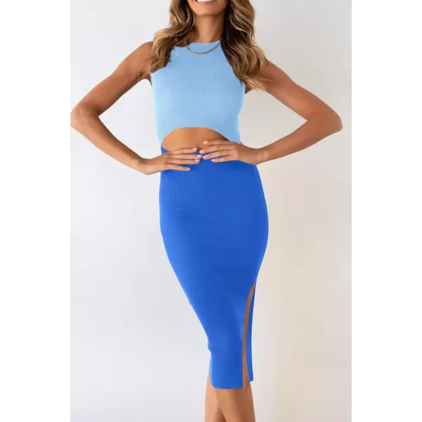 imagePRETTYGARDEN Womens Summer Midi Bodycon Dresses Casual Crew Neck Side Slit Sleeveless Knit Cut Out Tank Top DressSky Blueblue