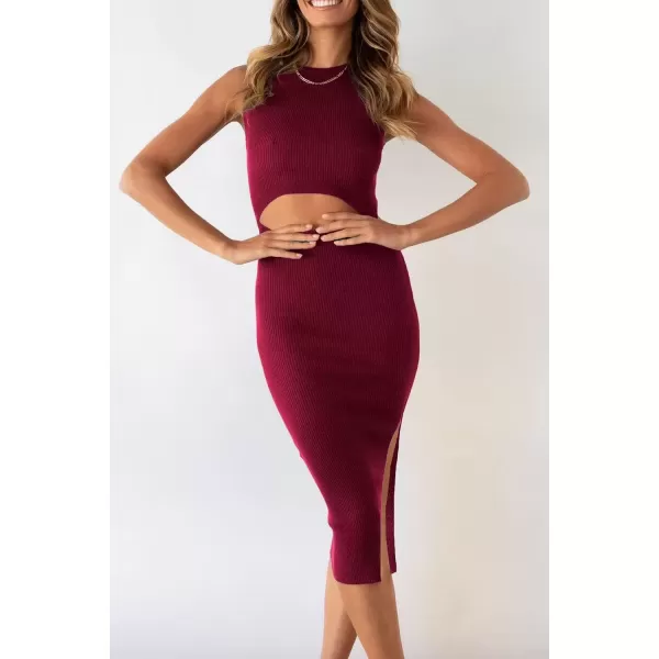 imagePRETTYGARDEN Womens Summer Midi Bodycon Dresses Casual Crew Neck Side Slit Sleeveless Knit Cut Out Tank Top DressWine Red