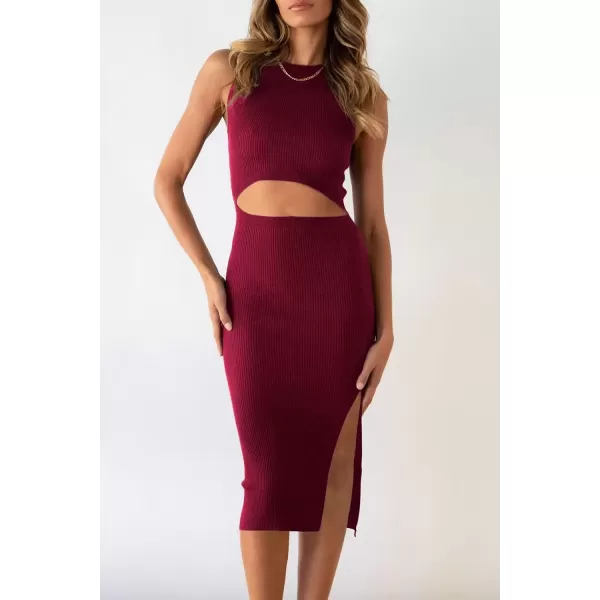imagePRETTYGARDEN Womens Summer Midi Bodycon Dresses Casual Crew Neck Side Slit Sleeveless Knit Cut Out Tank Top DressWine Red