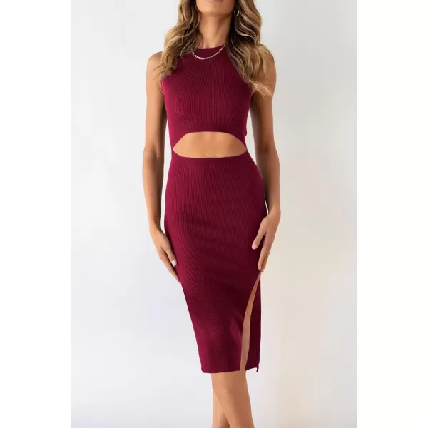 imagePRETTYGARDEN Womens Summer Midi Bodycon Dresses Casual Crew Neck Side Slit Sleeveless Knit Cut Out Tank Top DressWine Red