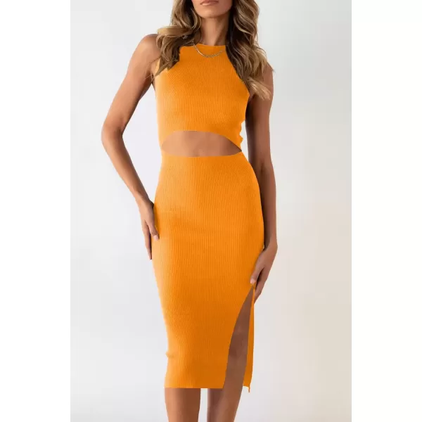 imagePRETTYGARDEN Womens Summer Midi Bodycon Dresses Casual Crew Neck Side Slit Sleeveless Knit Cut Out Tank Top DressYellow