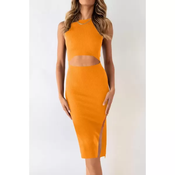 imagePRETTYGARDEN Womens Summer Midi Bodycon Dresses Casual Crew Neck Side Slit Sleeveless Knit Cut Out Tank Top DressYellow