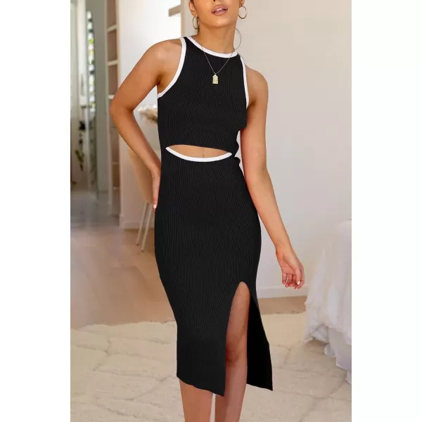 imagePRETTYGARDEN Womens Summer Midi Bodycon Dresses Casual Crew Neck Side Slit Sleeveless Knit Cut Out Tank Top DressZblack