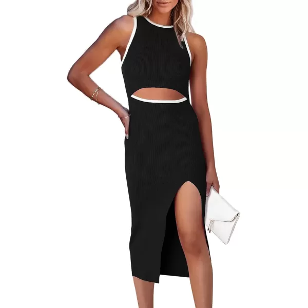 imagePRETTYGARDEN Womens Summer Midi Bodycon Dresses Casual Crew Neck Side Slit Sleeveless Knit Cut Out Tank Top DressZblack