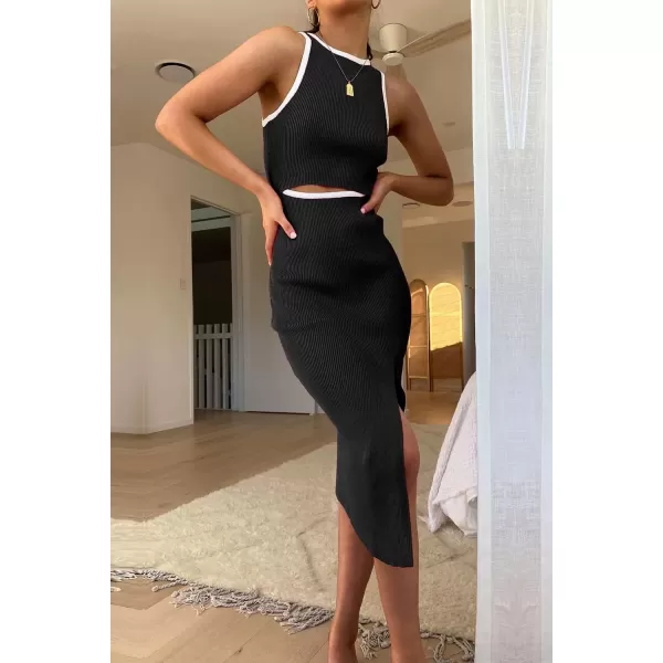 imagePRETTYGARDEN Womens Summer Midi Bodycon Dresses Casual Crew Neck Side Slit Sleeveless Knit Cut Out Tank Top DressZblack