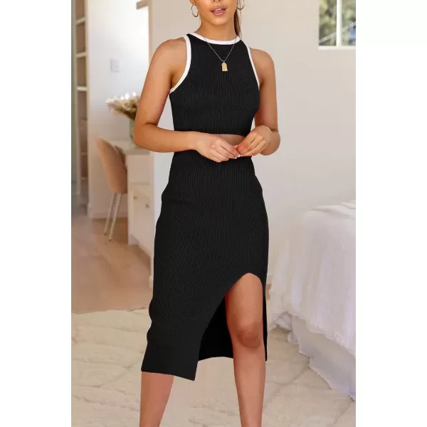 imagePRETTYGARDEN Womens Summer Midi Bodycon Dresses Casual Crew Neck Side Slit Sleeveless Knit Cut Out Tank Top DressZblack