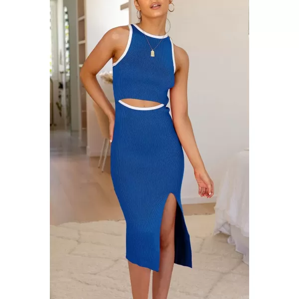 imagePRETTYGARDEN Womens Summer Midi Bodycon Dresses Casual Crew Neck Side Slit Sleeveless Knit Cut Out Tank Top DressZblue