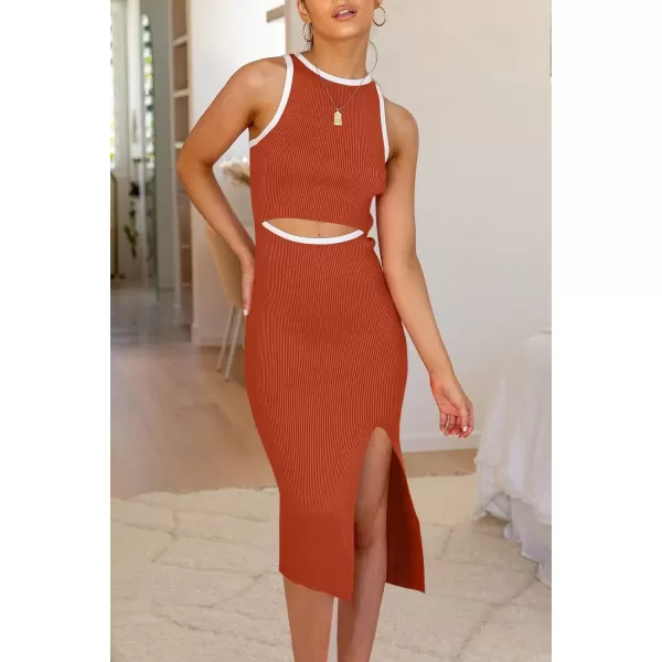 imagePRETTYGARDEN Womens Summer Midi Bodycon Dresses Casual Crew Neck Side Slit Sleeveless Knit Cut Out Tank Top DressZbrick Red