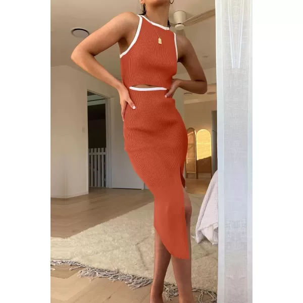 imagePRETTYGARDEN Womens Summer Midi Bodycon Dresses Casual Crew Neck Side Slit Sleeveless Knit Cut Out Tank Top DressZbrick Red