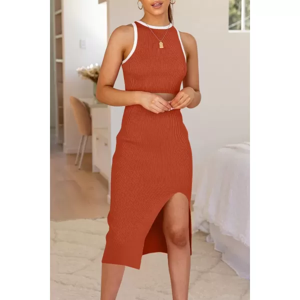 imagePRETTYGARDEN Womens Summer Midi Bodycon Dresses Casual Crew Neck Side Slit Sleeveless Knit Cut Out Tank Top DressZbrick Red