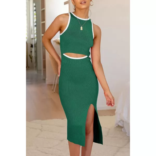 imagePRETTYGARDEN Womens Summer Midi Bodycon Dresses Casual Crew Neck Side Slit Sleeveless Knit Cut Out Tank Top DressZgreen