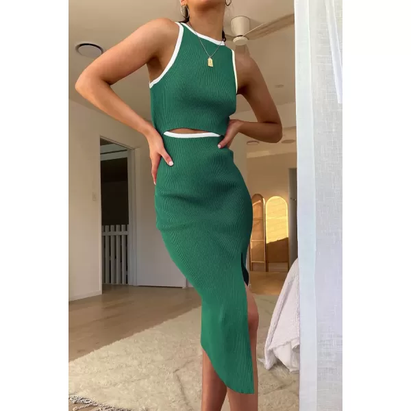 imagePRETTYGARDEN Womens Summer Midi Bodycon Dresses Casual Crew Neck Side Slit Sleeveless Knit Cut Out Tank Top DressZgreen