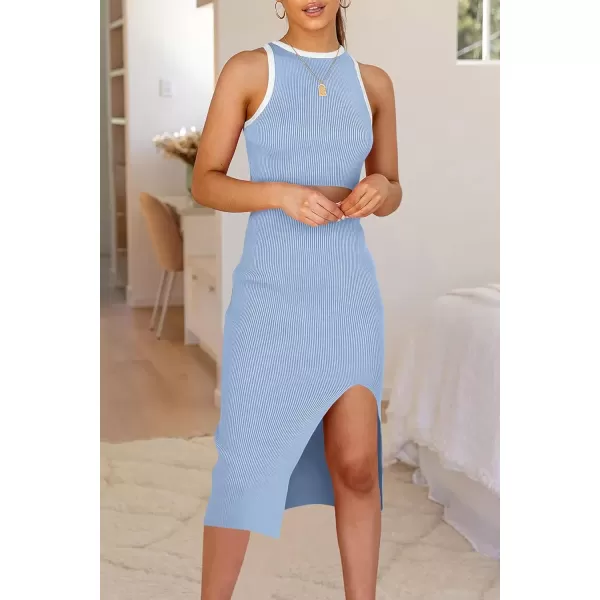 imagePRETTYGARDEN Womens Summer Midi Bodycon Dresses Casual Crew Neck Side Slit Sleeveless Knit Cut Out Tank Top DressZlight Blue
