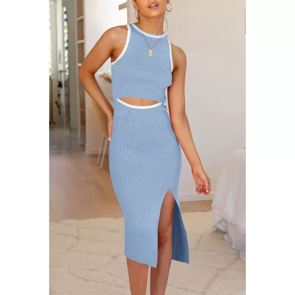 imagePRETTYGARDEN Womens Summer Midi Bodycon Dresses Casual Crew Neck Side Slit Sleeveless Knit Cut Out Tank Top DressZlight Blue
