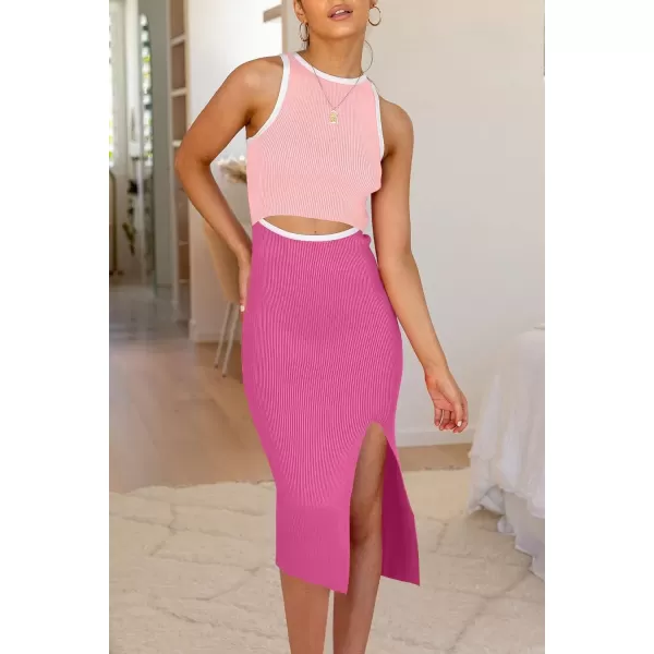 imagePRETTYGARDEN Womens Summer Midi Bodycon Dresses Casual Crew Neck Side Slit Sleeveless Knit Cut Out Tank Top DressZlight Pinkrose Pink