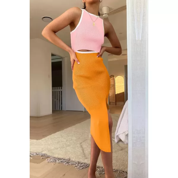 imagePRETTYGARDEN Womens Summer Midi Bodycon Dresses Casual Crew Neck Side Slit Sleeveless Knit Cut Out Tank Top DressZlight Pinkyellow