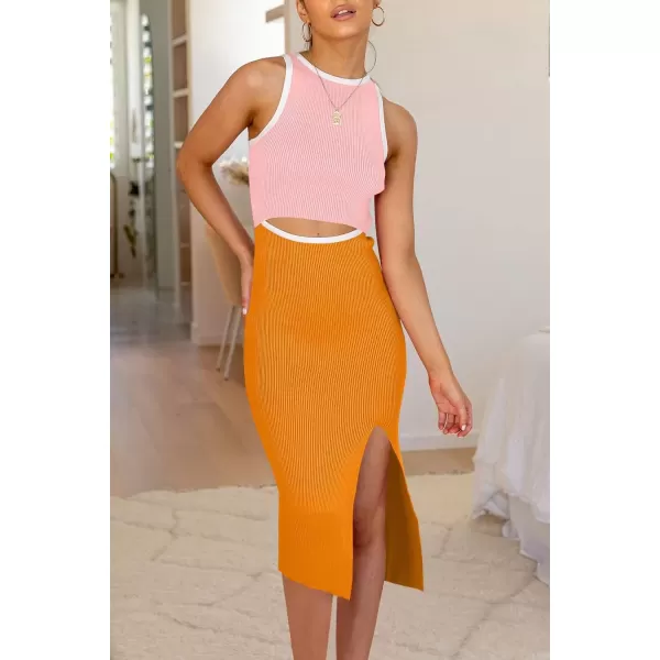 imagePRETTYGARDEN Womens Summer Midi Bodycon Dresses Casual Crew Neck Side Slit Sleeveless Knit Cut Out Tank Top DressZlight Pinkyellow