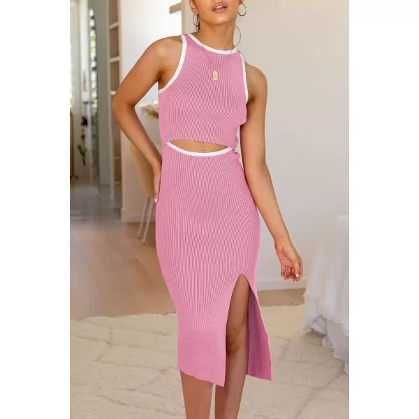 imagePRETTYGARDEN Womens Summer Midi Bodycon Dresses Casual Crew Neck Side Slit Sleeveless Knit Cut Out Tank Top DressZpink