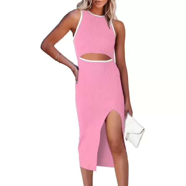 imagePRETTYGARDEN Womens Summer Midi Bodycon Dresses Casual Crew Neck Side Slit Sleeveless Knit Cut Out Tank Top DressZpink