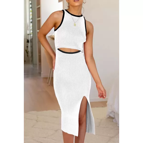 imagePRETTYGARDEN Womens Summer Midi Bodycon Dresses Casual Crew Neck Side Slit Sleeveless Knit Cut Out Tank Top DressZwhite
