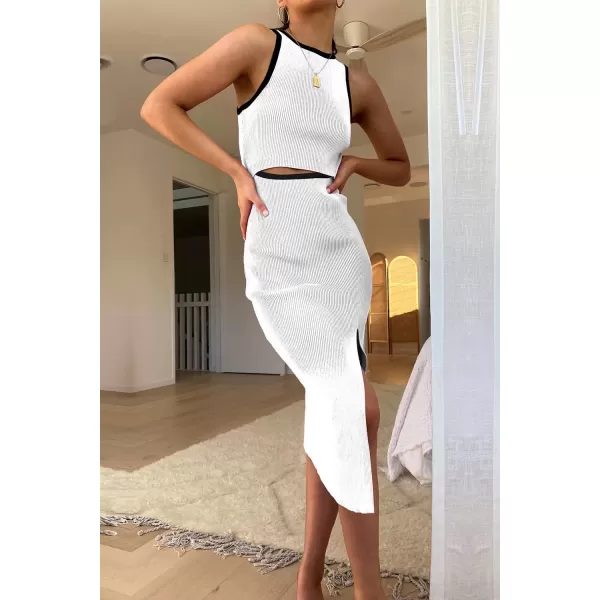 imagePRETTYGARDEN Womens Summer Midi Bodycon Dresses Casual Crew Neck Side Slit Sleeveless Knit Cut Out Tank Top DressZwhite