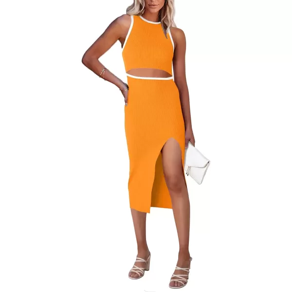 imagePRETTYGARDEN Womens Summer Midi Bodycon Dresses Casual Crew Neck Side Slit Sleeveless Knit Cut Out Tank Top DressZyellow