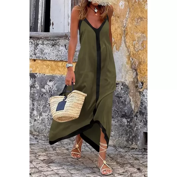 imagePRETTYGARDEN Womens 2024 Elegant Summer Dress V Neck Spaghetti Strap Flowy Maxi Cocktail Party DressesArmy Green