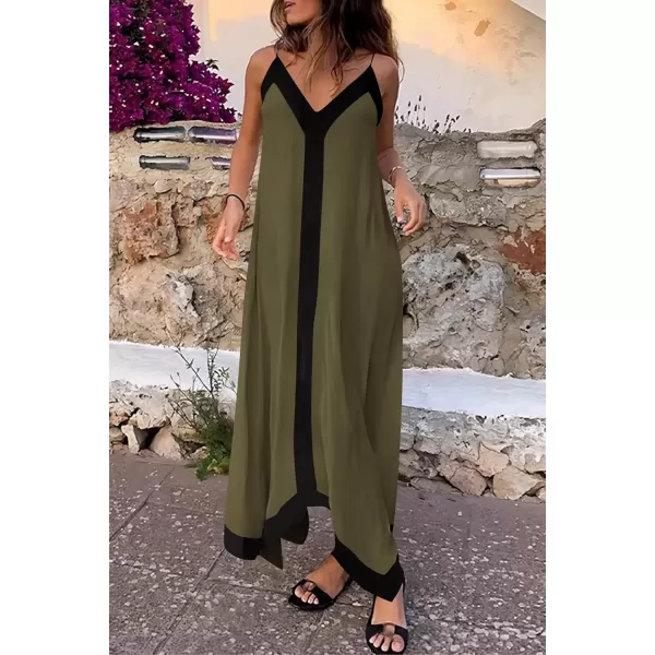 imagePRETTYGARDEN Womens 2024 Elegant Summer Dress V Neck Spaghetti Strap Flowy Maxi Cocktail Party DressesArmy Green