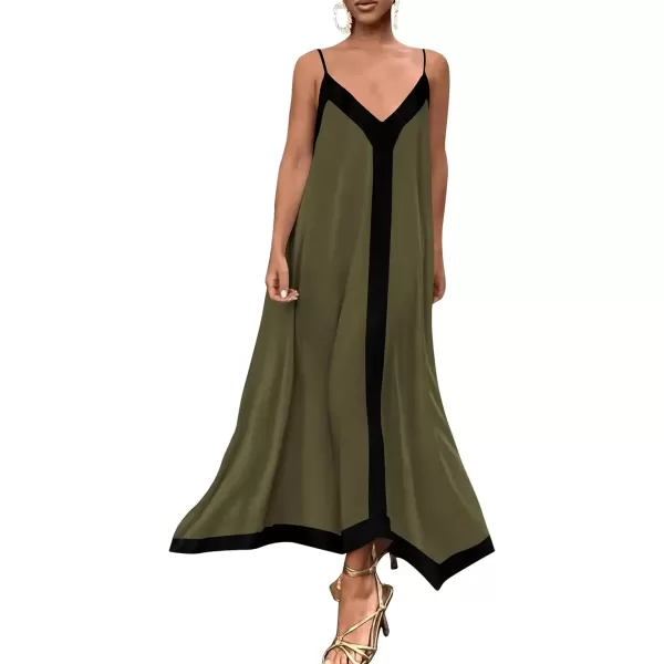 imagePRETTYGARDEN Womens 2024 Elegant Summer Dress V Neck Spaghetti Strap Flowy Maxi Cocktail Party DressesArmy Green