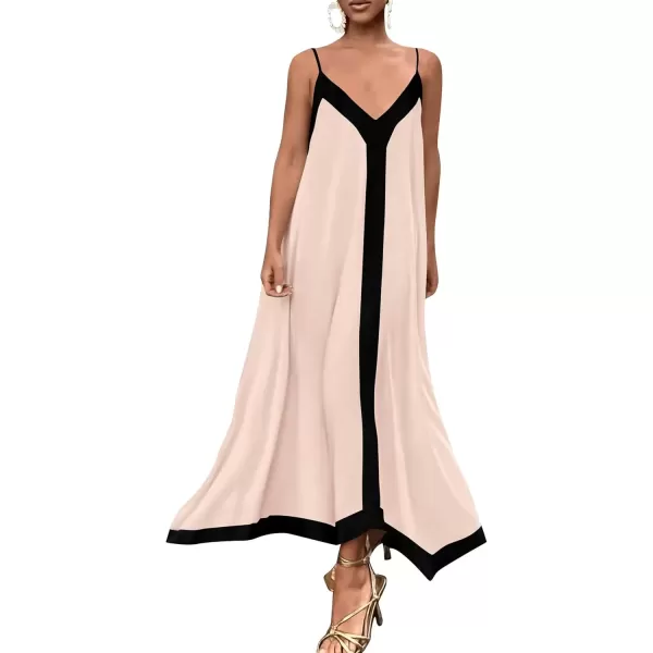 imagePRETTYGARDEN Womens 2024 Elegant Summer Dress V Neck Spaghetti Strap Flowy Maxi Cocktail Party DressesBeige